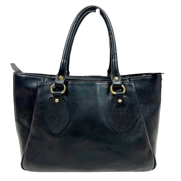 Findig Black Leather Dual Handle Gold Lining 3 Compartment Shoulder Bag 14” x 9” - Picture 3 of 11